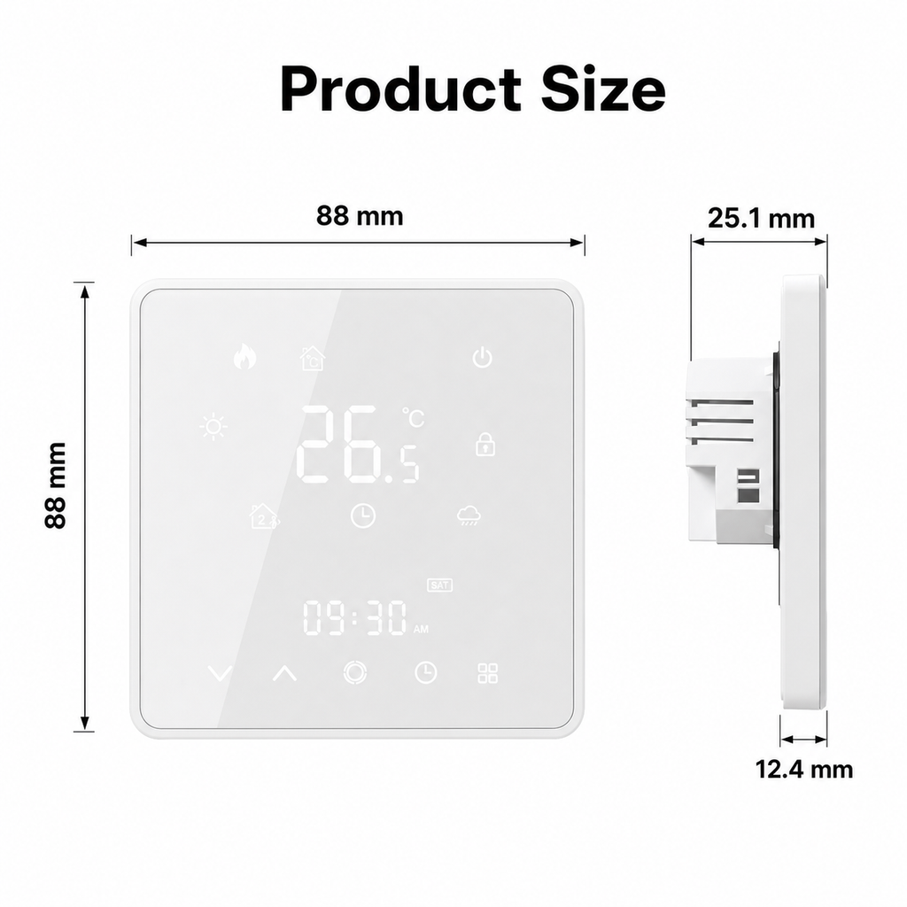 Product size front and side dimensions for white glass thermostat