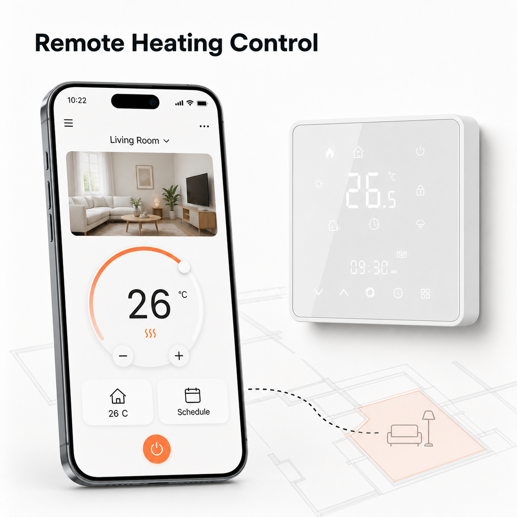 Remote heating control app screen for smart thermostat