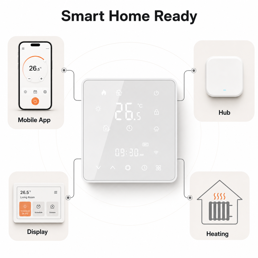 Smart home ready layout with generic app hub display and heating icons