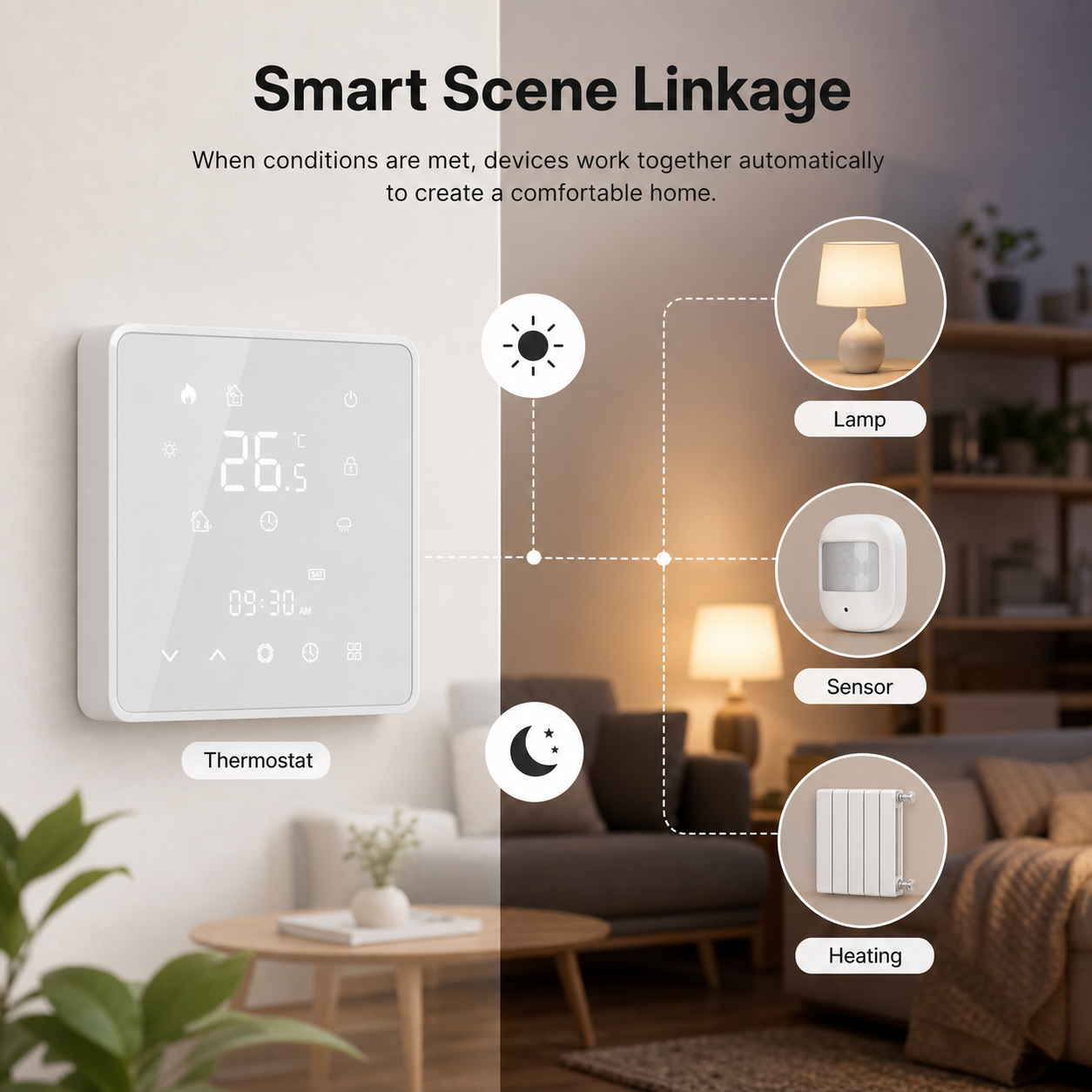 Generic smart scene linkage visual with thermostat and heating icons