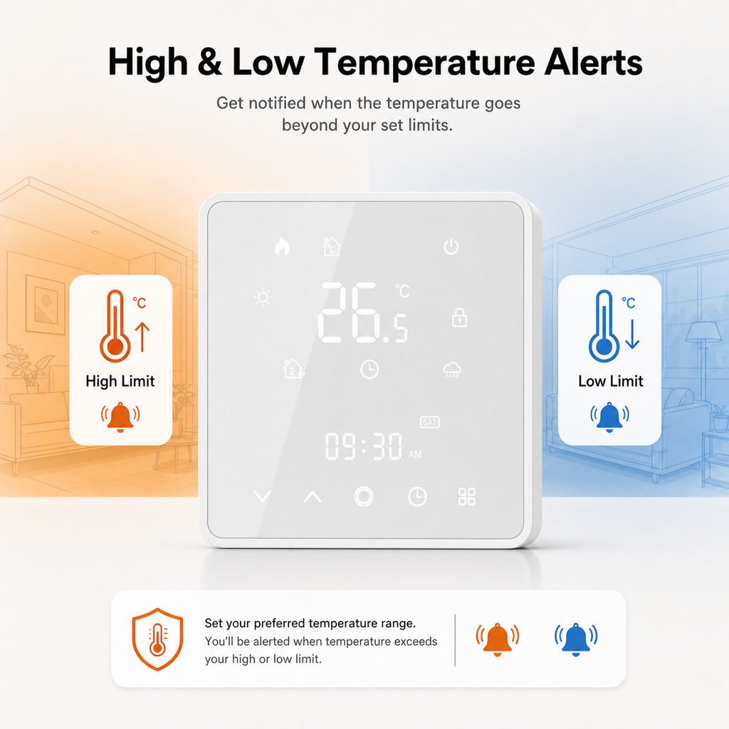 High and low temperature alert feature for smart thermostat