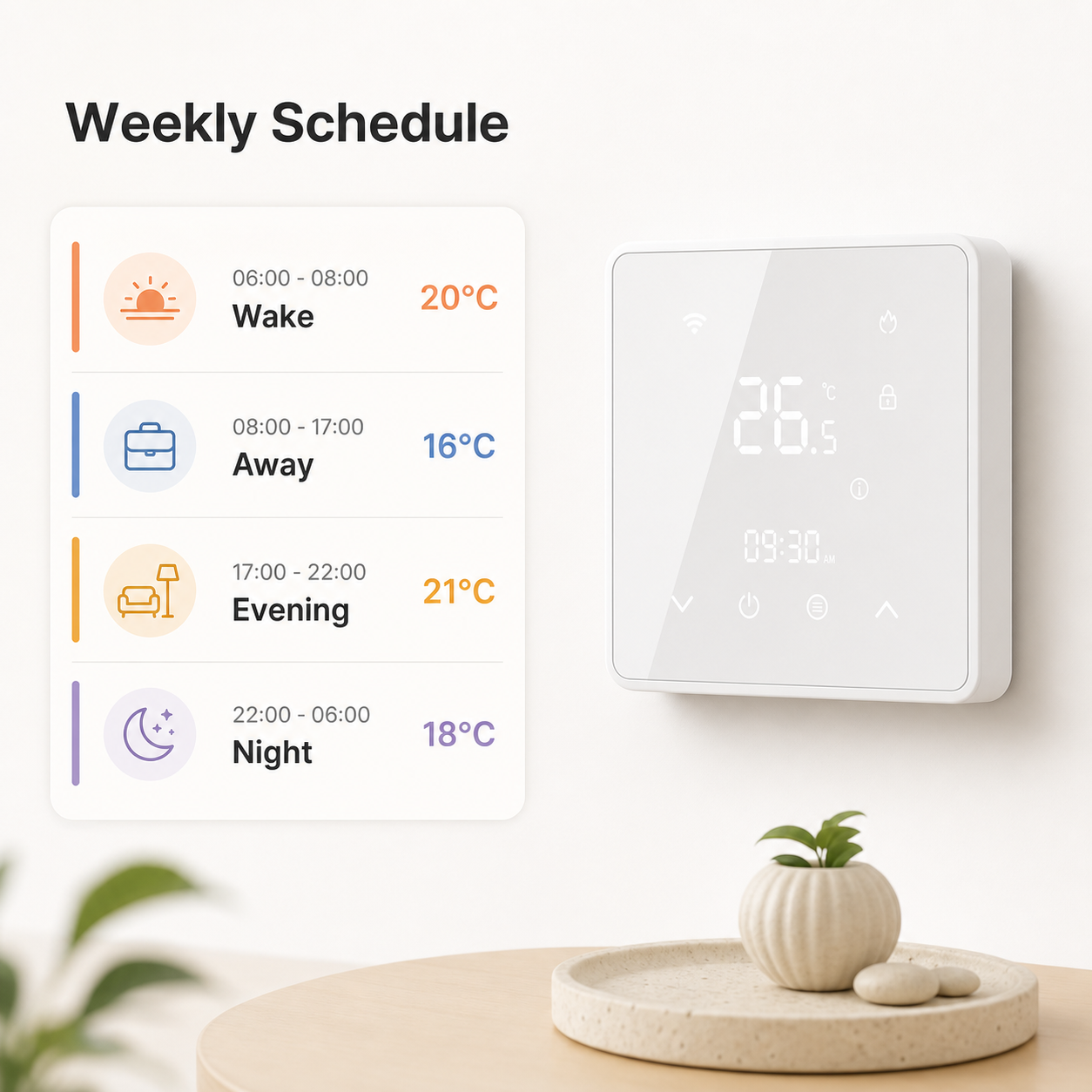 Weekly schedule feature for smart heating thermostat