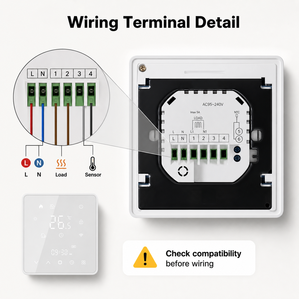Wiring terminal detail for white glass smart thermostat