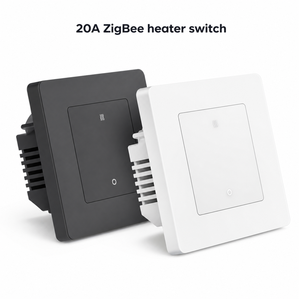 Studio packshot of white and graphite 20A ZigBee heater wall switches