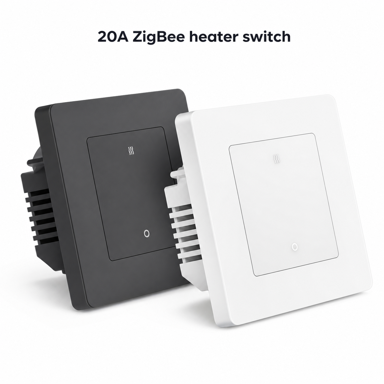 Studio packshot of white and graphite 20A ZigBee heater wall switches
