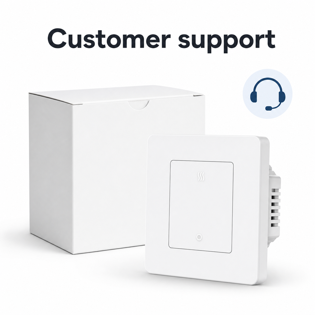 Neutral customer support visual with 20A ZigBee heater switch packaging