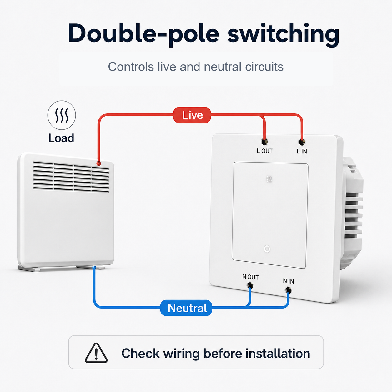 Double-pole switching diagram with live and neutral circuits
