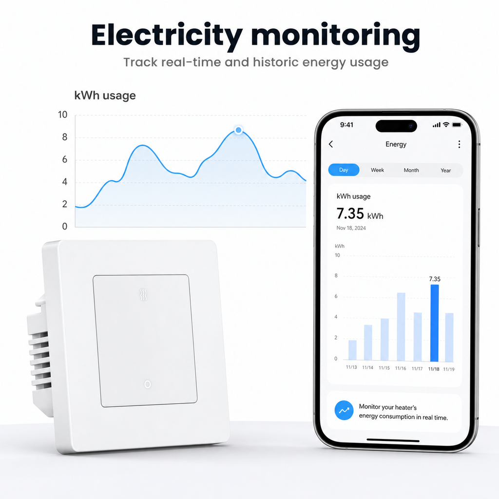 Electricity monitoring screen with kWh usage for ZigBee heater switch