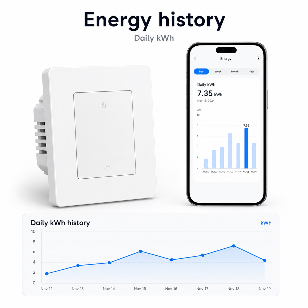 Energy history with daily kWh chart for ZigBee heater switch