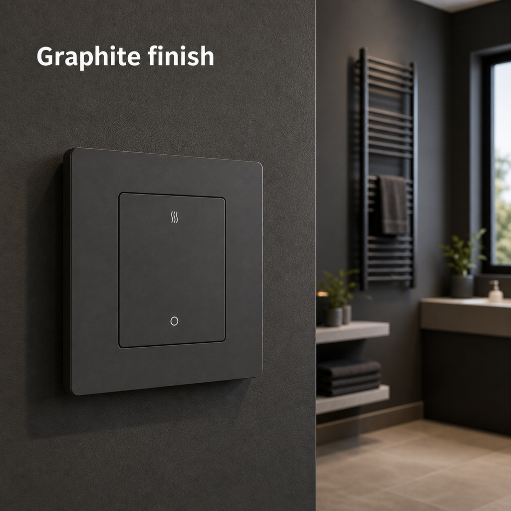 Graphite 20A ZigBee heater switch installed on a modern dark wall