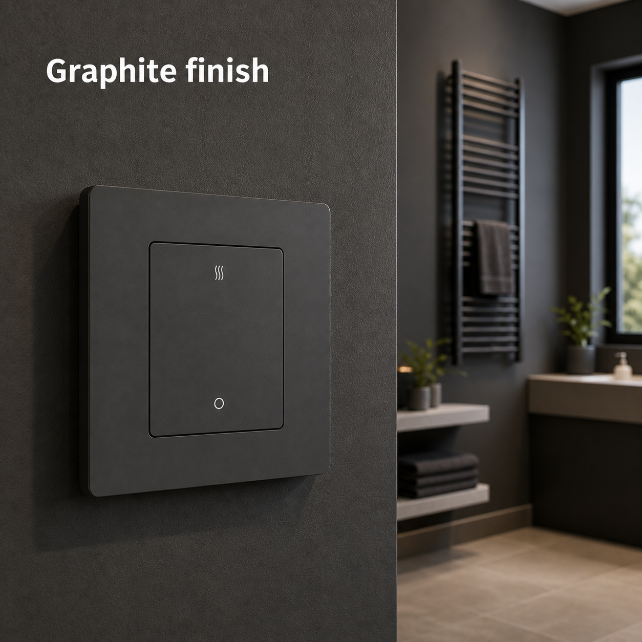 Graphite 20A ZigBee heater switch installed on a modern dark wall