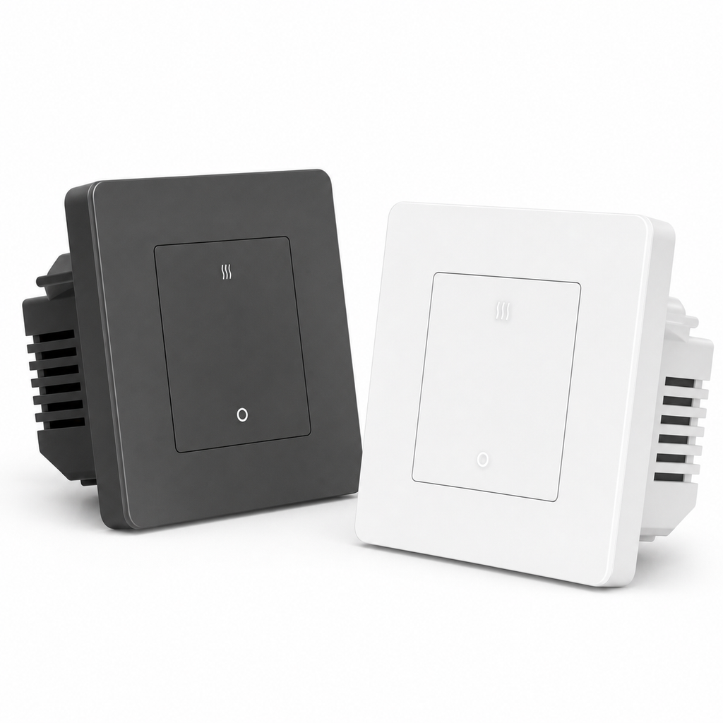 Interrupteur chauffage ZigBee 20A en variantes blanc et gris sur fond blanc studio