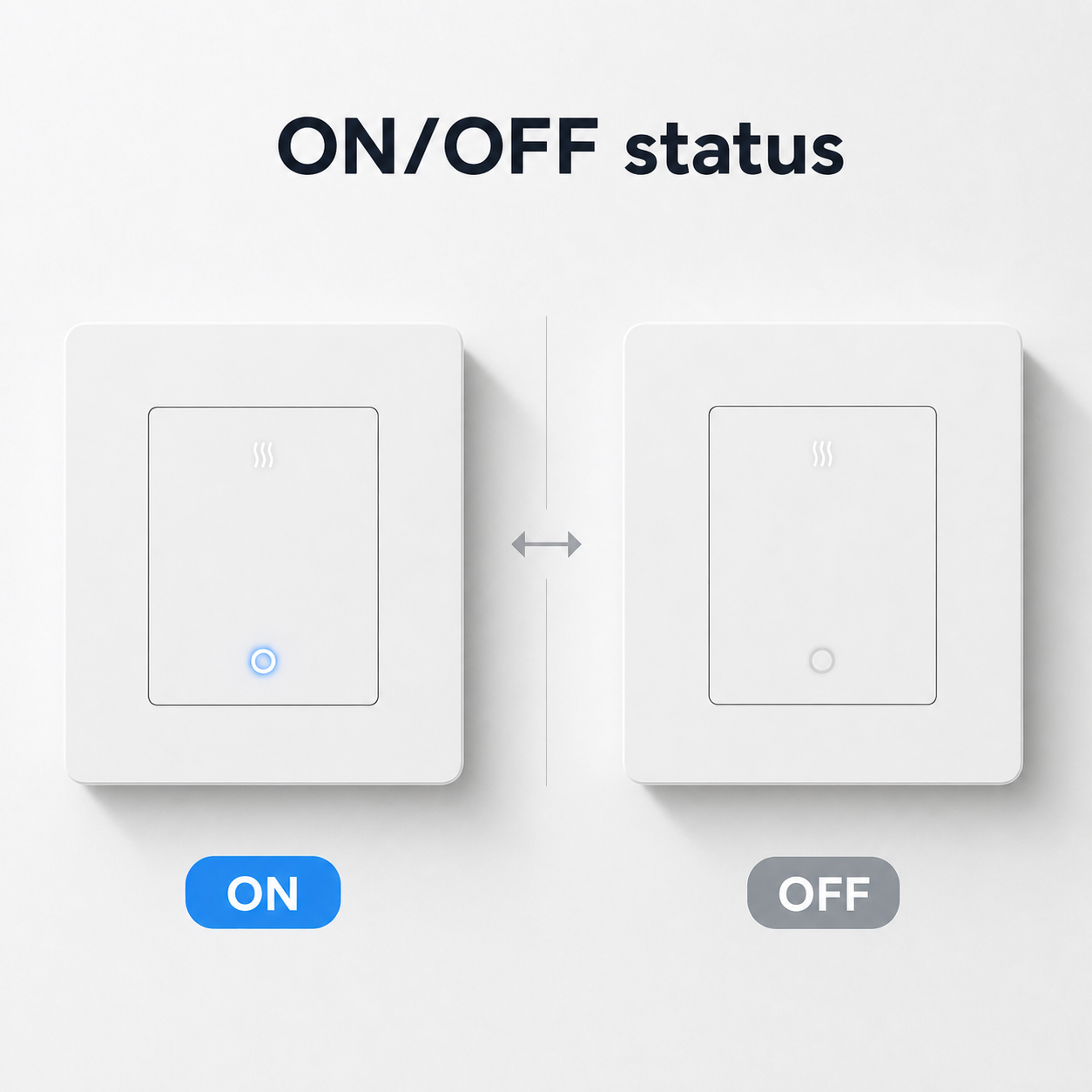 ON and OFF status indicator lights for white ZigBee heater switch