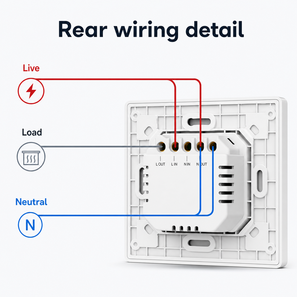 Rear wiring detail for 20A ZigBee heater wall switch