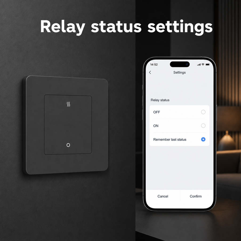 Relay status settings screen for graphite ZigBee heater switch