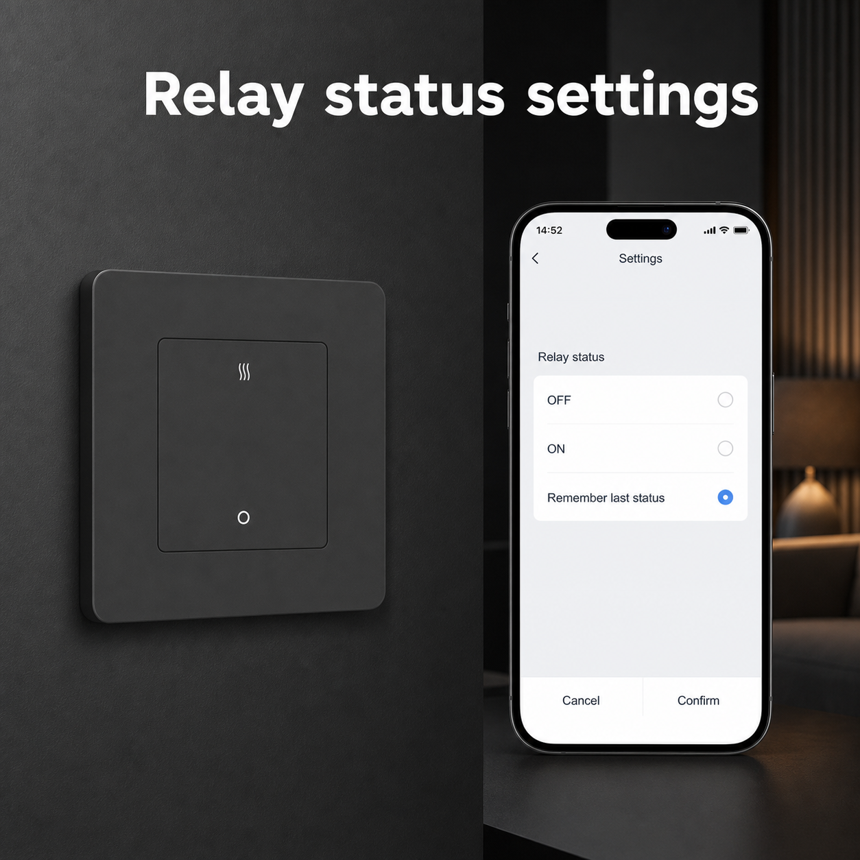 Relay status settings screen for graphite ZigBee heater switch