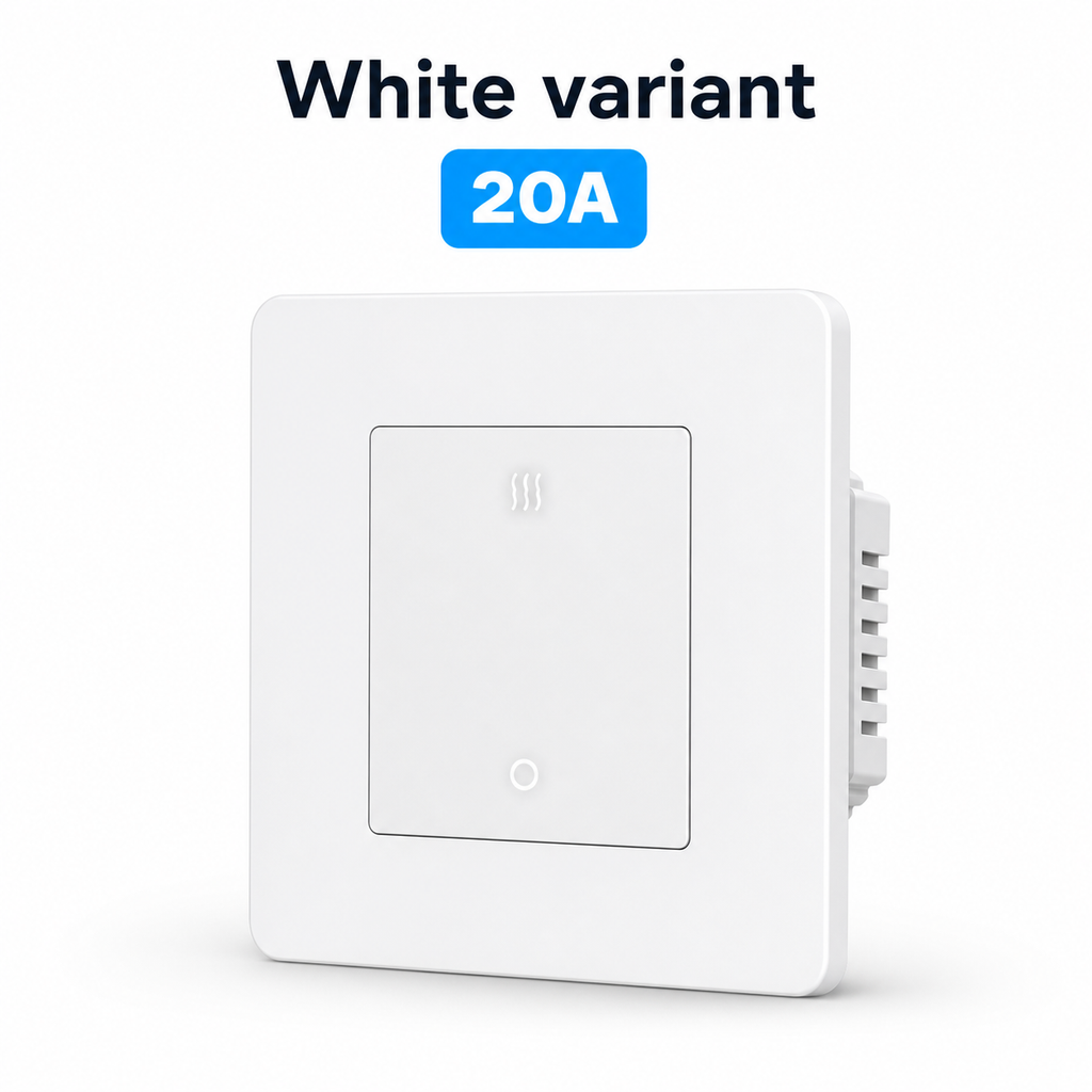 White 20A ZigBee heater wall switch variant on white studio background