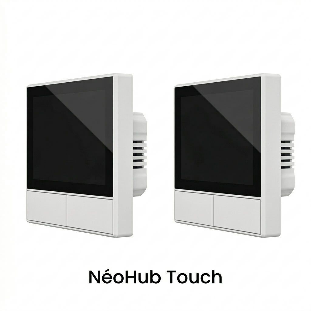 NéoHub Touch blanc présenté sous deux angles sur fond clair.