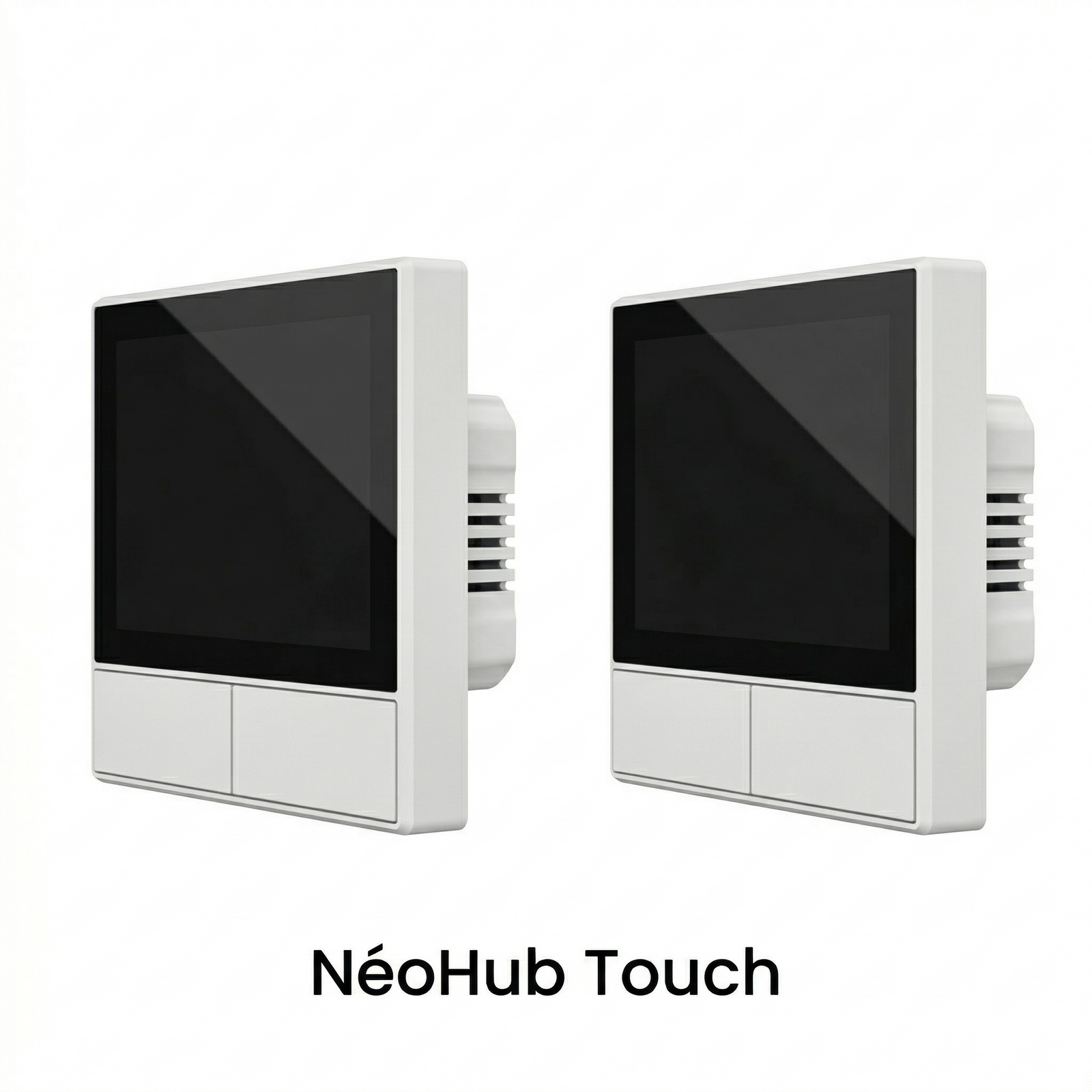NéoHub Touch blanc présenté sous deux angles sur fond clair.