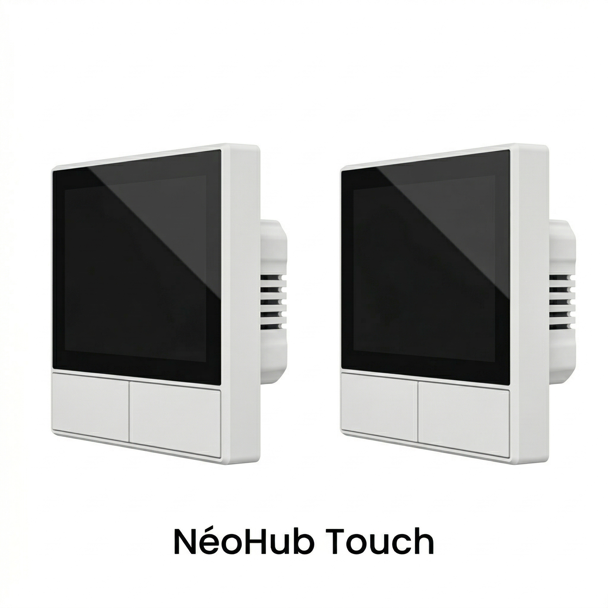 NéoHub Touch blanc présenté sous deux angles sur fond clair.