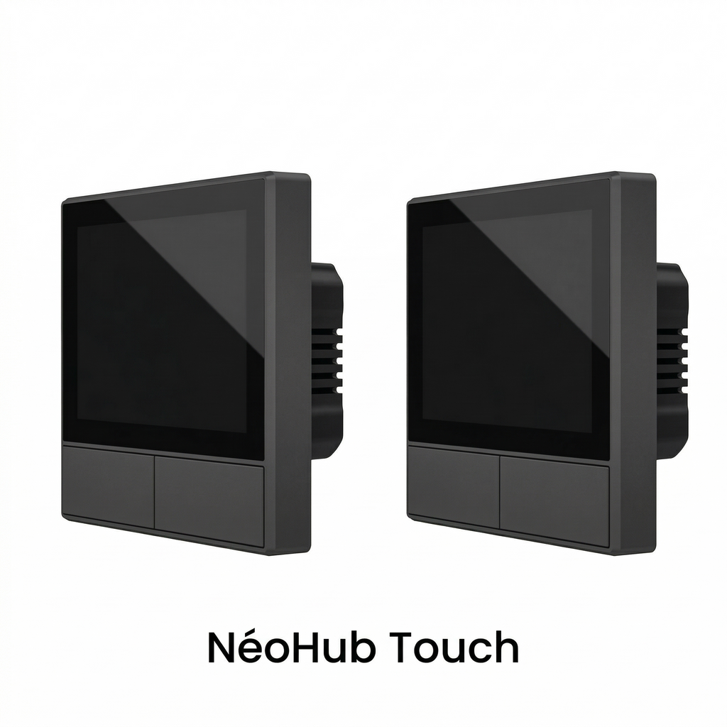 NéoHub Touch noir présenté sous deux angles sur fond clair.