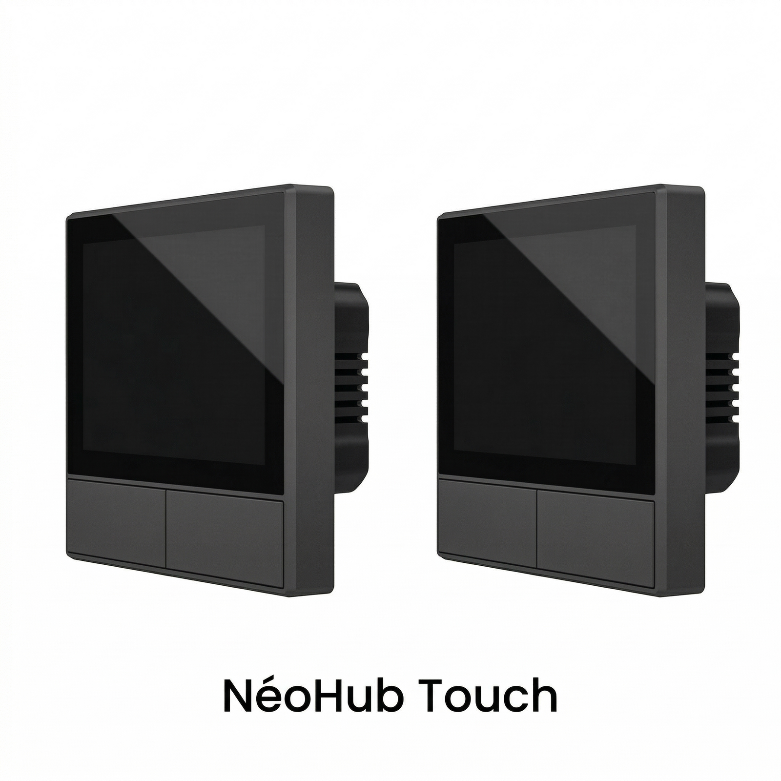 NéoHub Touch noir présenté sous deux angles sur fond clair.