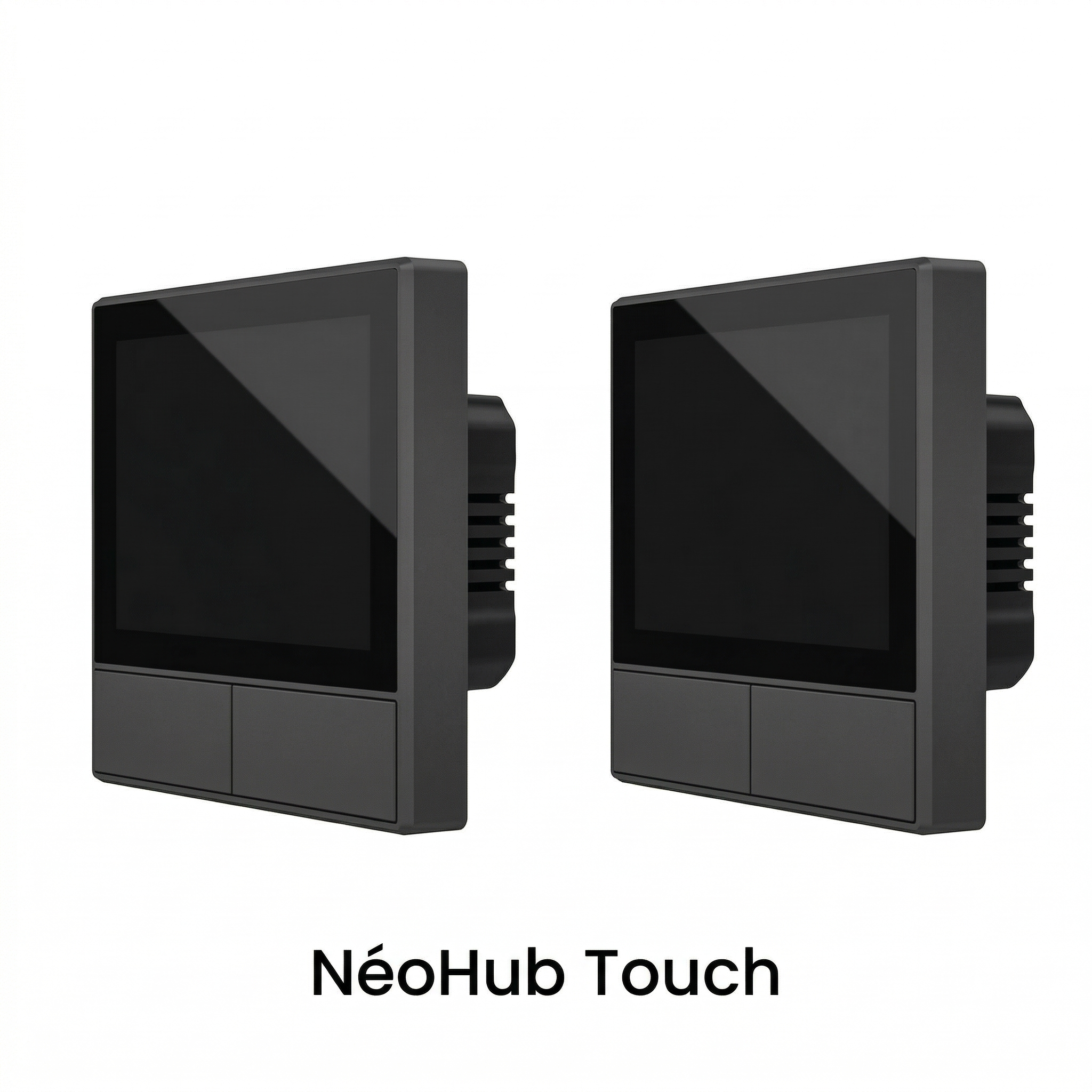 NéoHub Touch noir présenté sous deux angles sur fond clair.