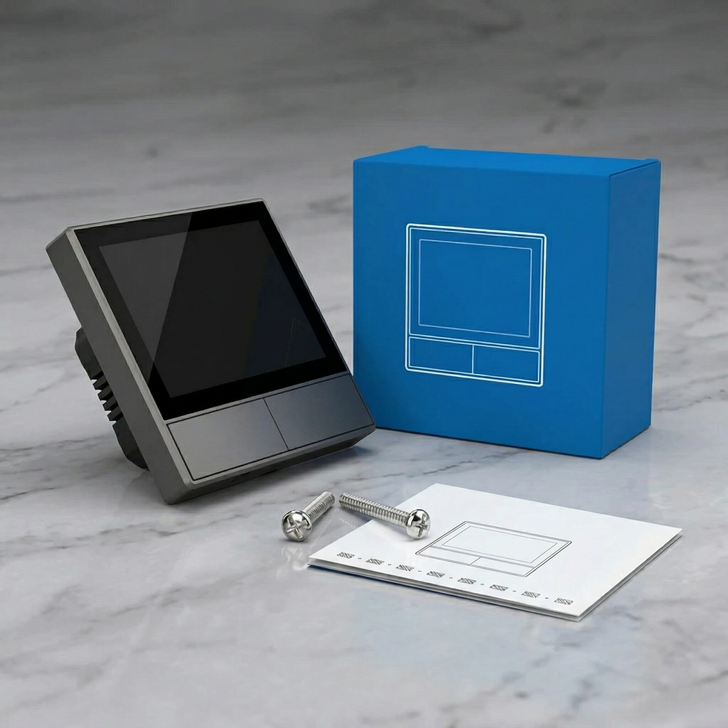 NéoHub Touch noir avec boîte bleue, accessoires et notice.