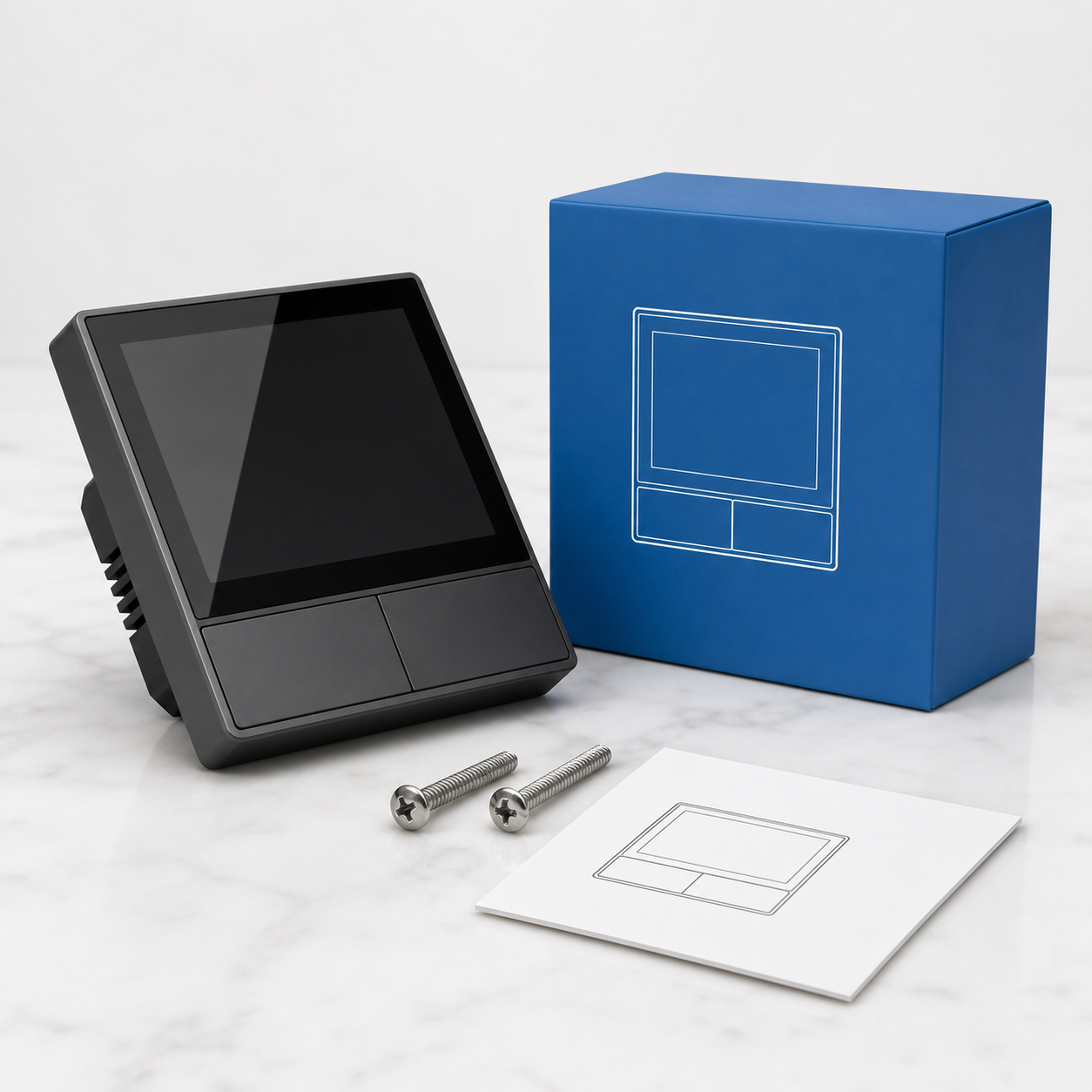 Black NéoHub Touch NS Pro with blue box, screws and instruction sheet in studio packshot