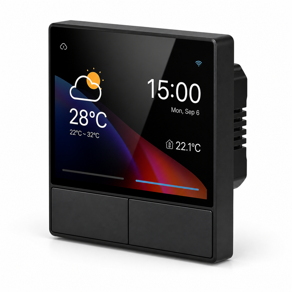 Studio packshot of black NéoHub Touch NS Pro smart wall panel with touchscreen and two physical buttons