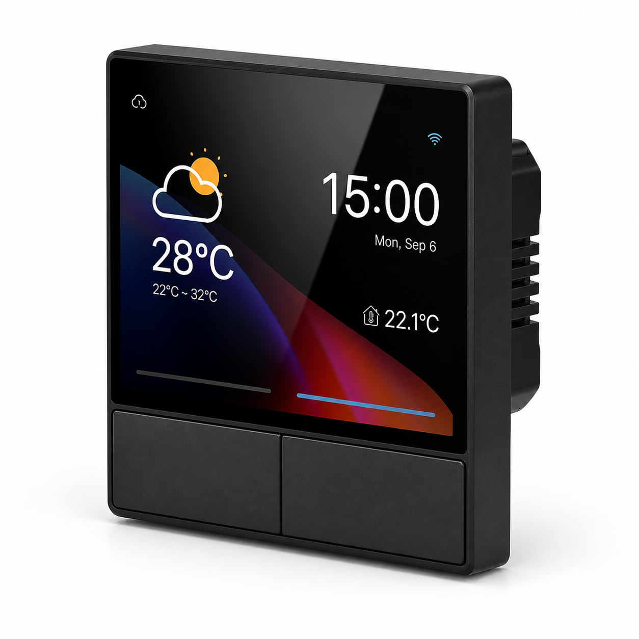 Studio packshot of black NéoHub Touch NS Pro smart wall panel with touchscreen and two physical buttons