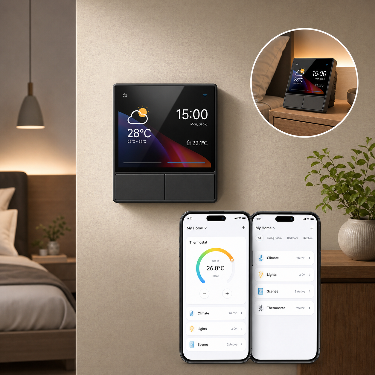 NéoHub Touch NS Pro controlling climate, lights and scenes through a generic mobile app interface
