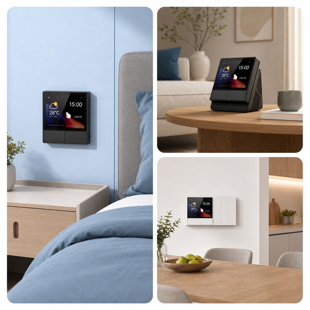 NéoHub Touch NS Pro shown in clean modern bedroom and living room smart home scenes