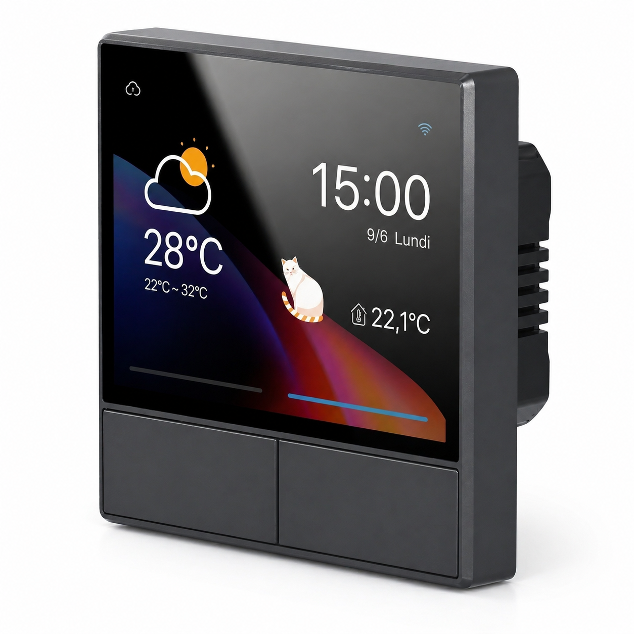 NéoHub Touch NS Pro, panneau de scène et thermostat intégré noir avec écran tactile de contrôle domotique.