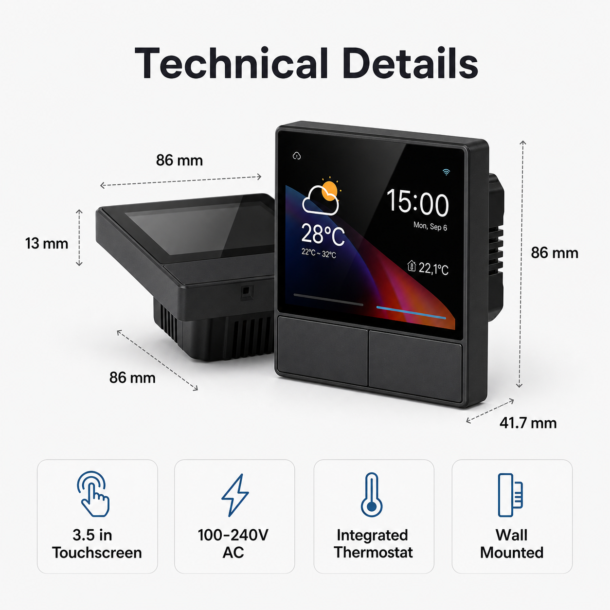 Technical details and dimensions for NéoHub Touch NS Pro smart wall panel