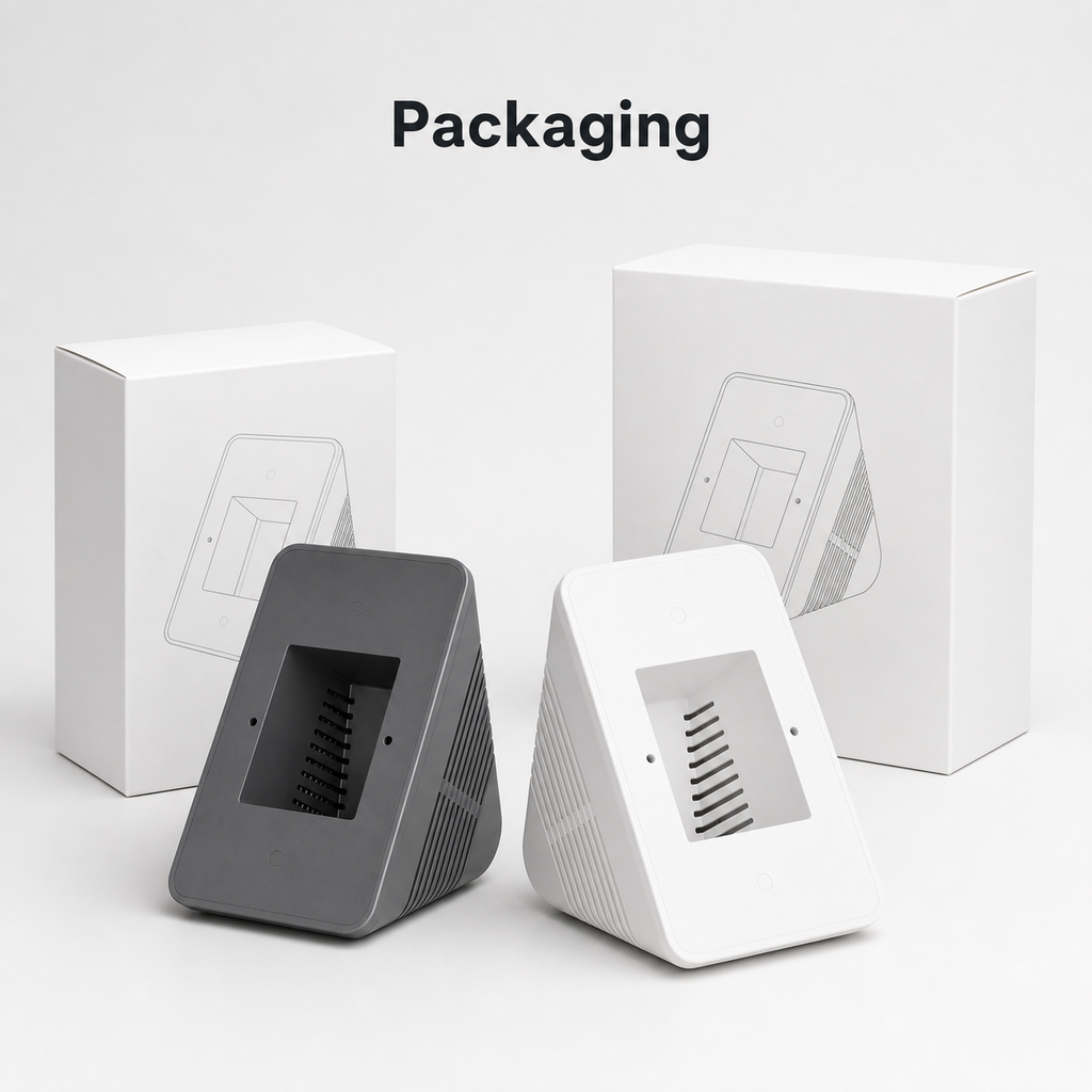 Wall mount stand packaging with grey and white support variants on clean studio background