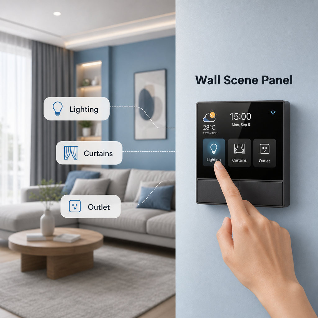Touchscreen wall scene panel controlling lighting, curtains and outlet in a modern room