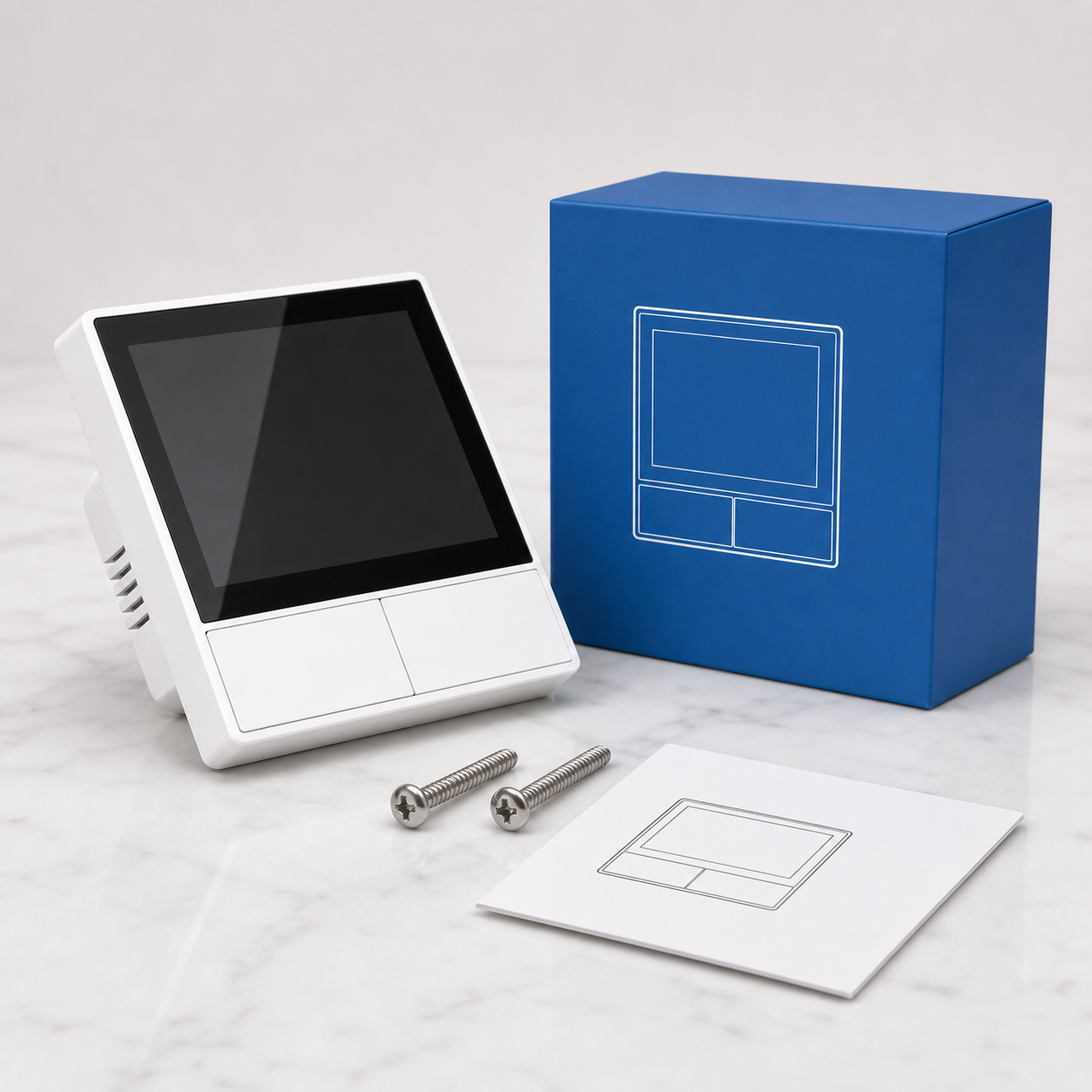 White NéoHub Touch NS Pro with blue box, screws and instruction sheet in studio packshot