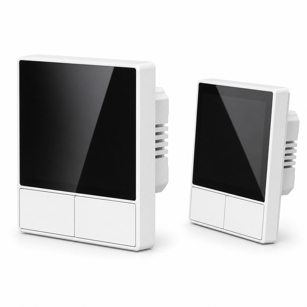 White NéoHub Touch NS Pro shown from two angles on a white studio background
