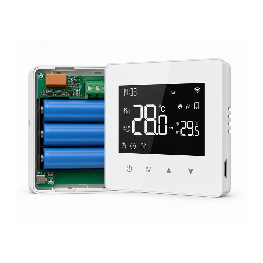 Thermostat NéoHybrid Essential avec compartiment à piles ouvert et port USB sur fond studio blanc.