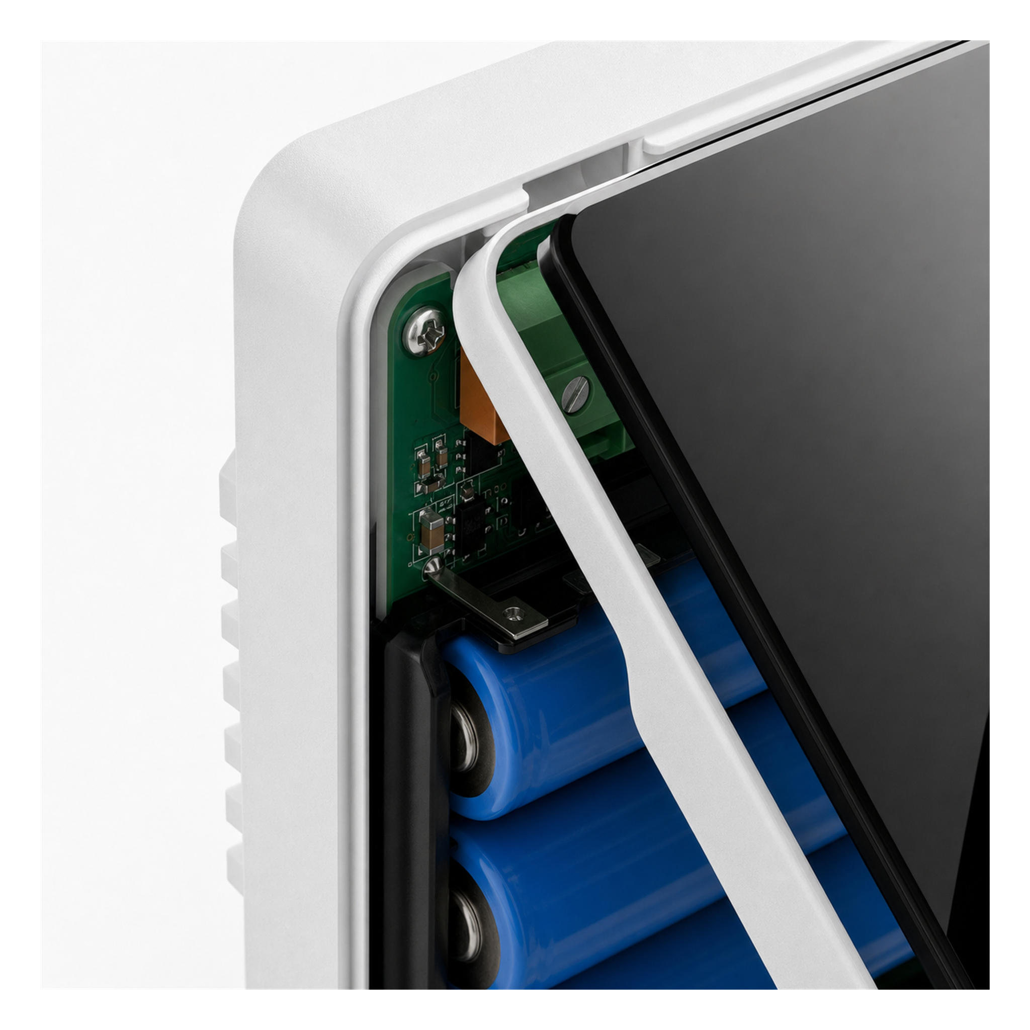 Détail du compartiment à piles et de la connectique du thermostat NéoHybrid Essential sur fond studio blanc.