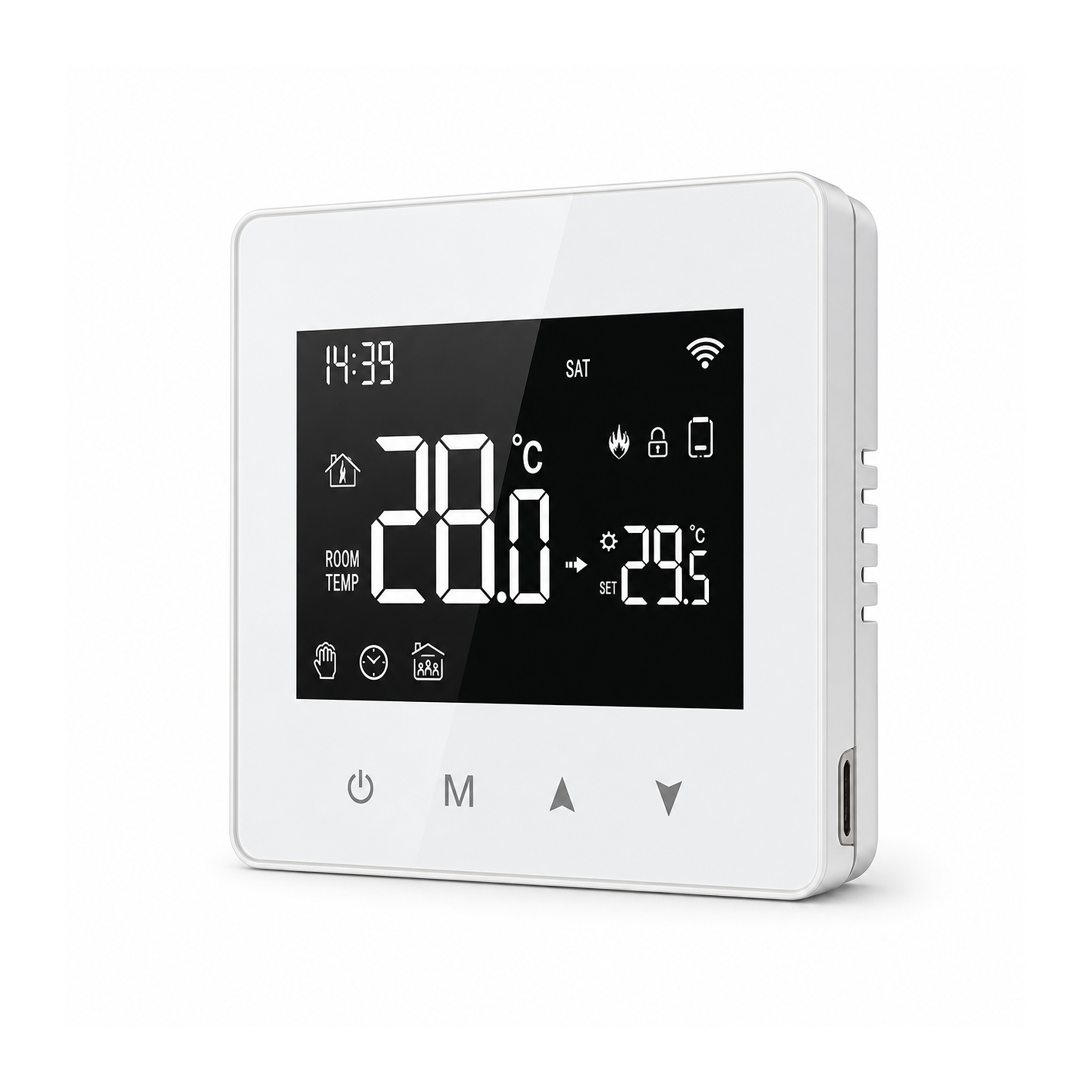 Thermostat NéoHybrid Essential version Wi-Fi avec port USB visible sur fond studio blanc.