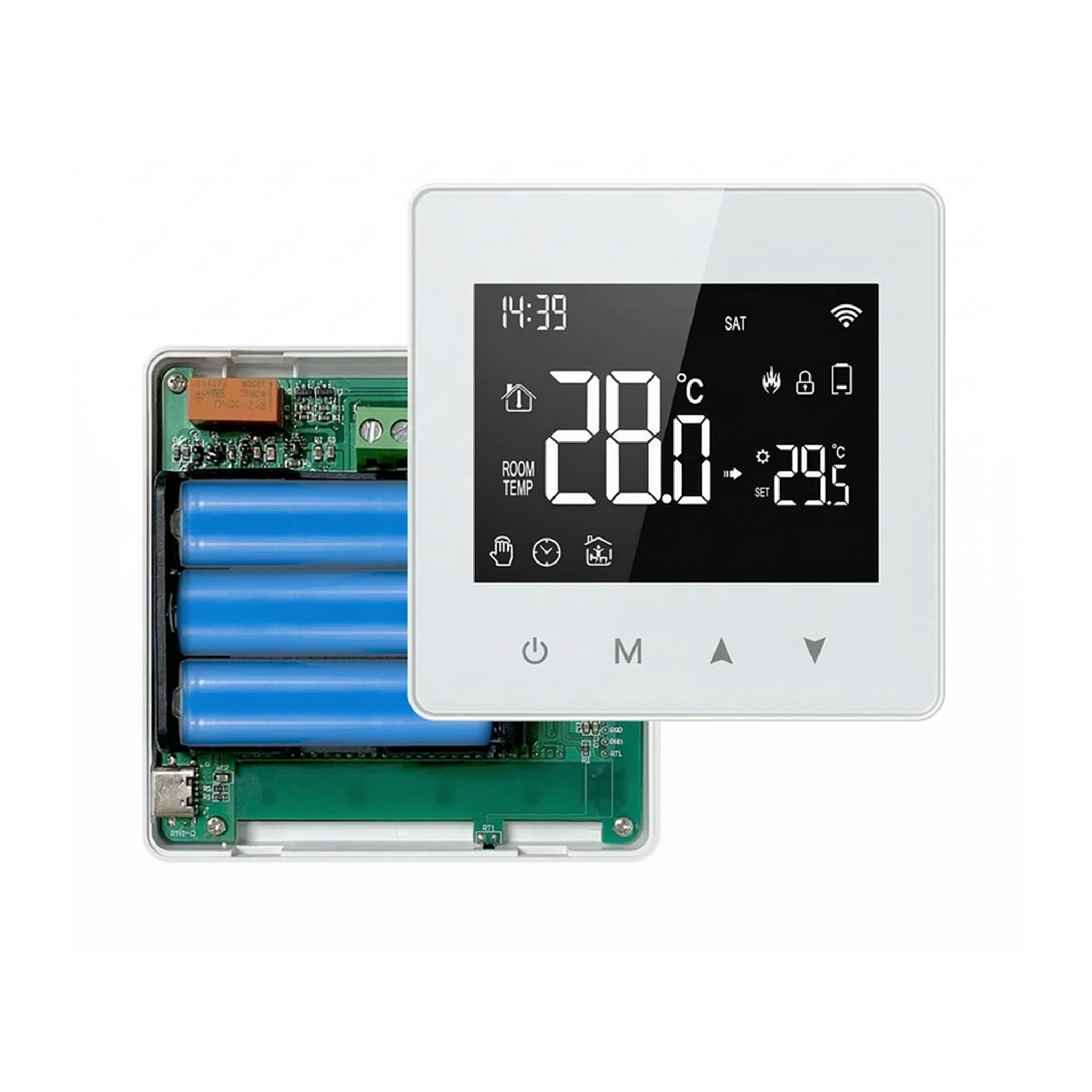 Thermostat NéoHybrid Essential version ZigBee avec compartiment à piles ouvert sur fond studio blanc.