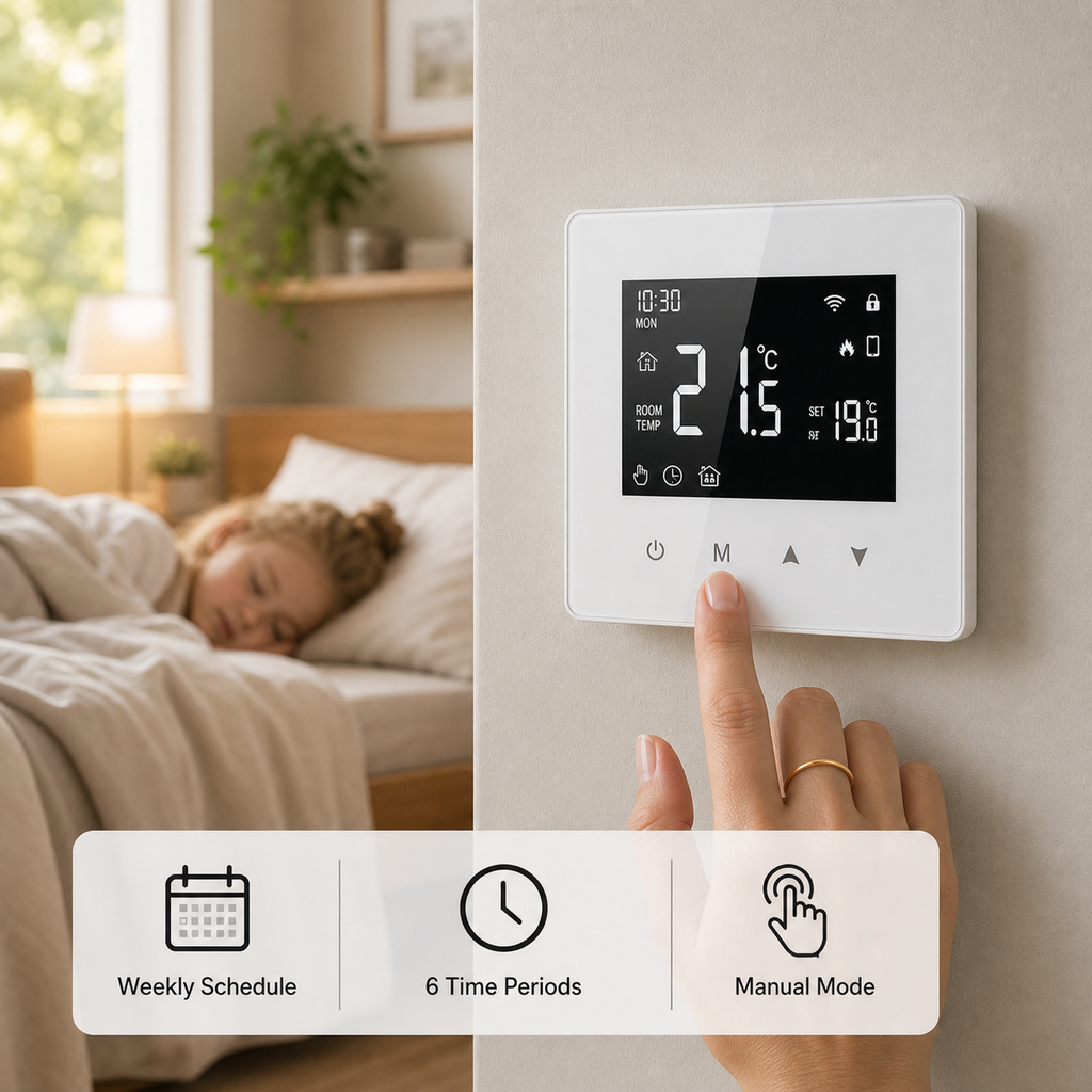 Programmable thermostat with weekly schedule and manual mode feature icons