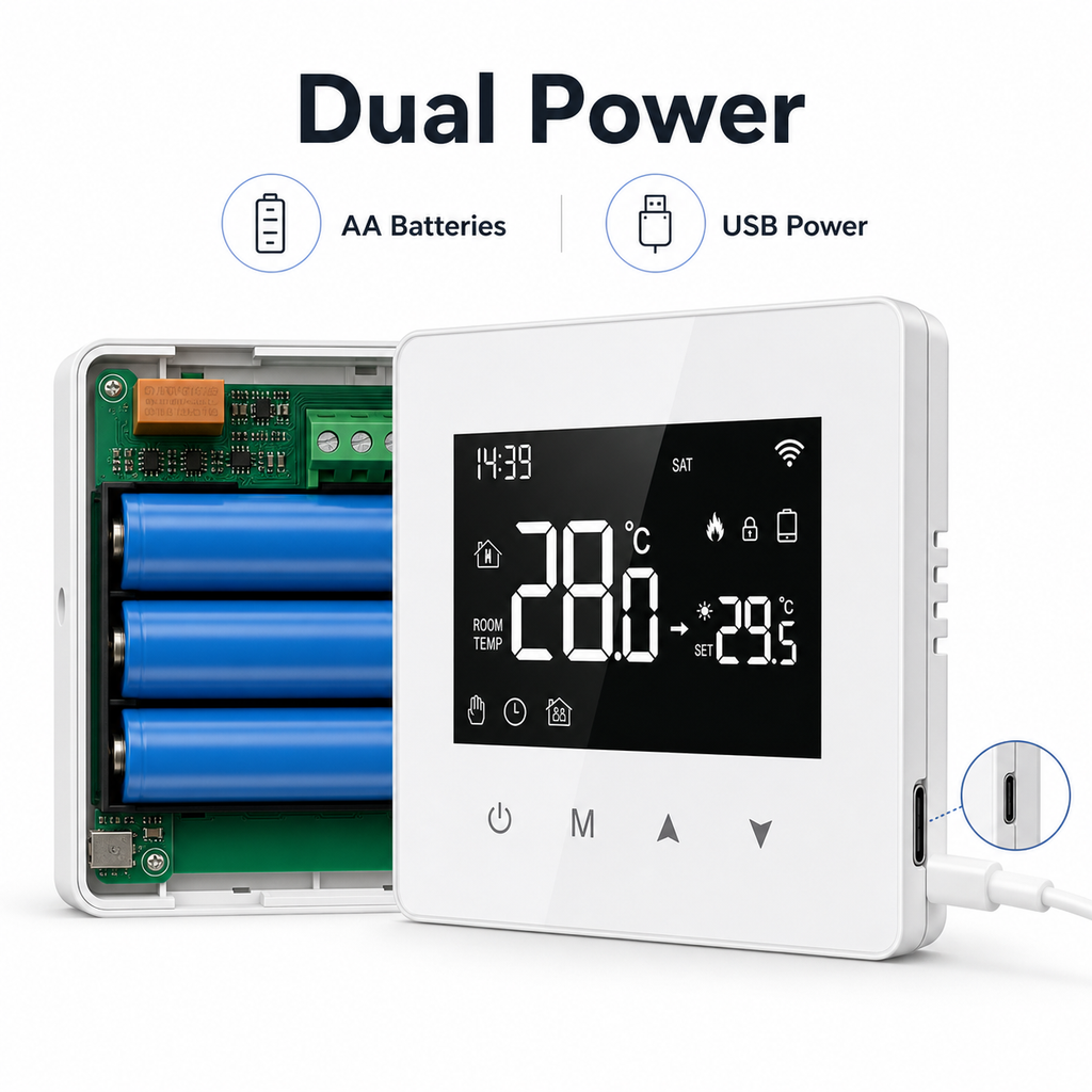 Dual power options for thermostat with AA batteries and USB power