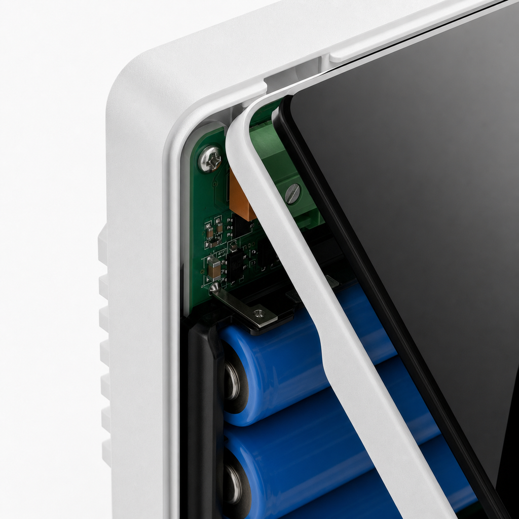 Close-up of thermostat internal battery compartment and connector area