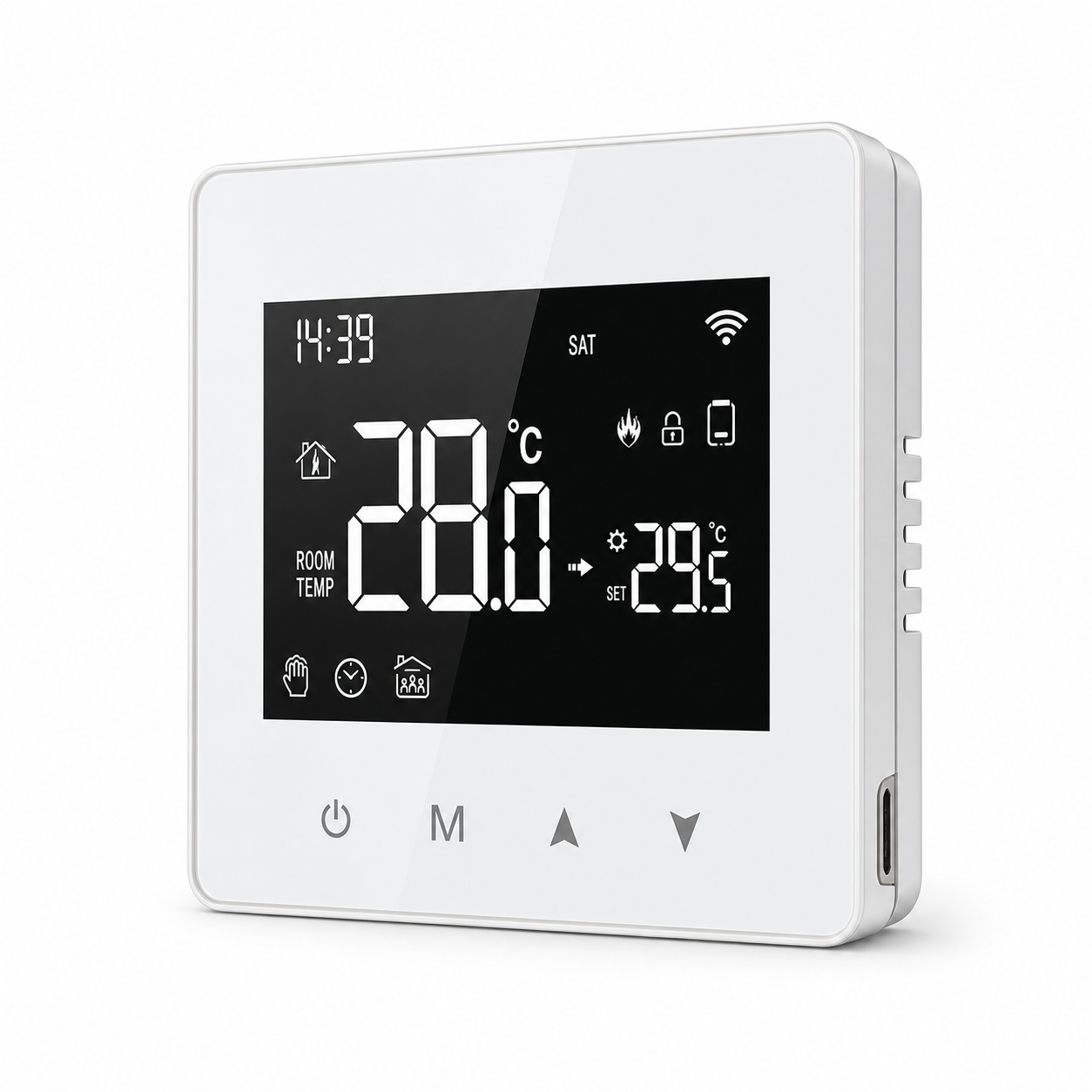 Studio packshot of white Wi-Fi thermostat with side USB port