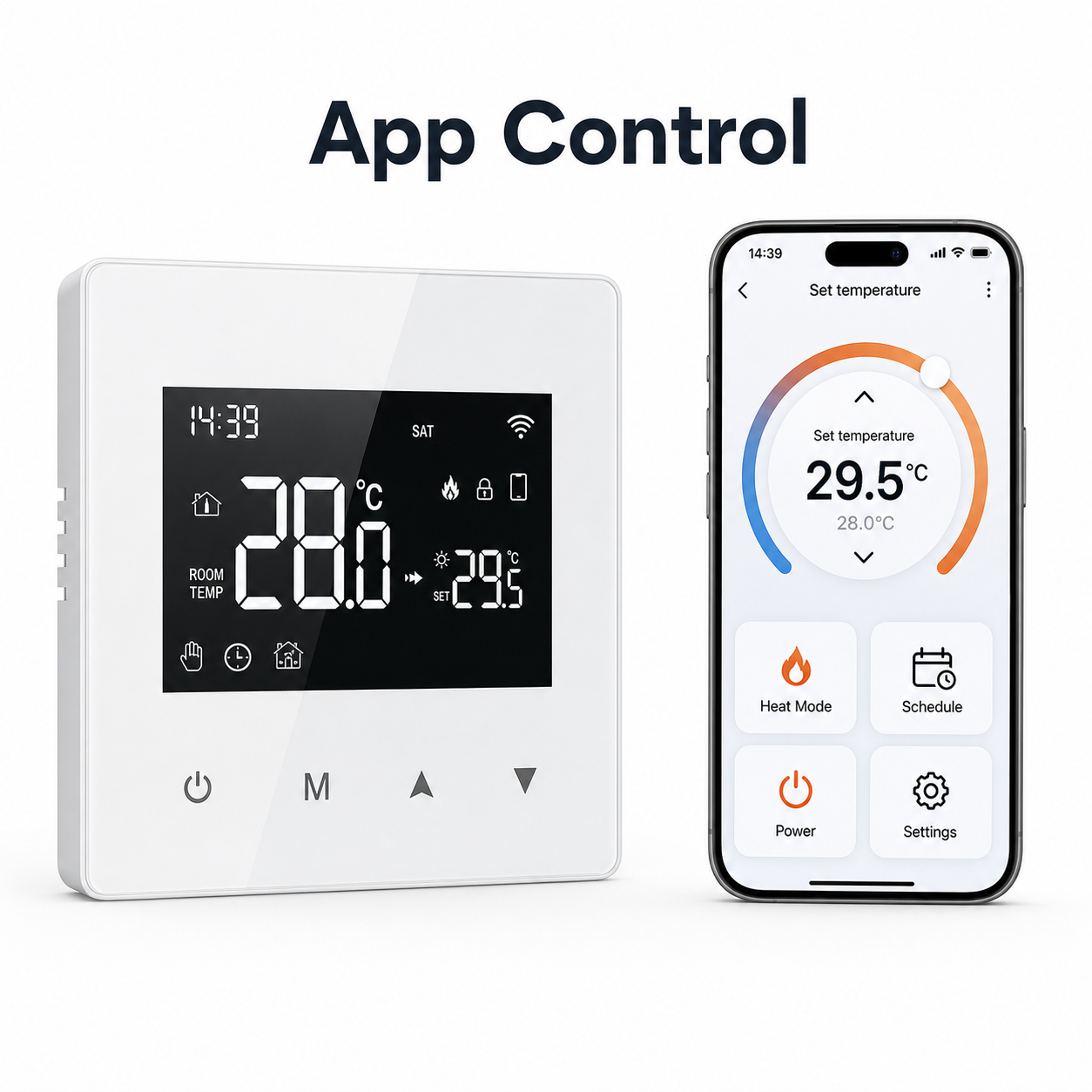 Wi-Fi thermostat shown next to a generic mobile app control interface