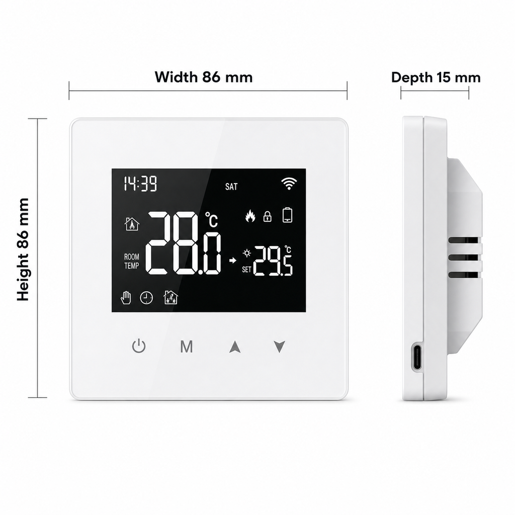 Dimensions of white Wi-Fi thermostat showing width height and depth