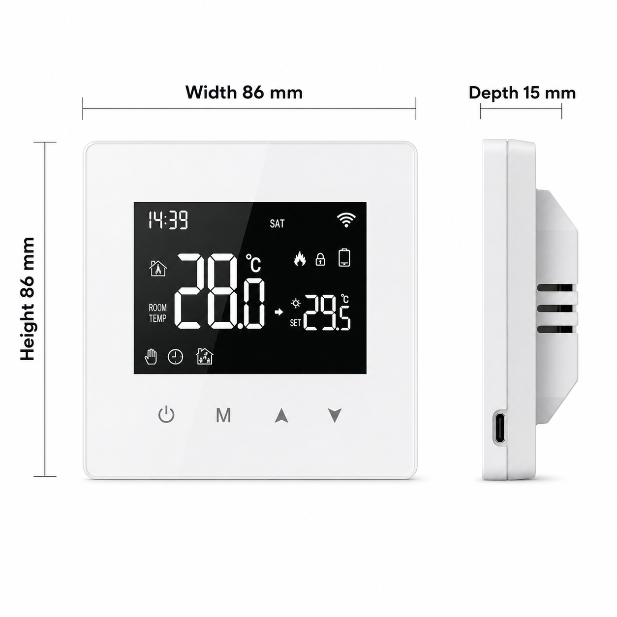 Dimensions of white Wi-Fi thermostat showing width height and depth